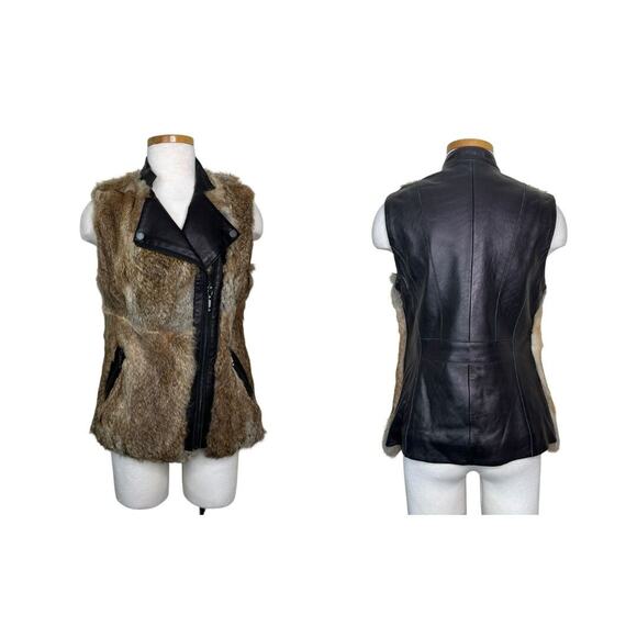 BCBGMAXAZRIA Leather Rabbit Fur Vest Asymmetrical Zipper Front Brown S Small - Picture 1 of 7